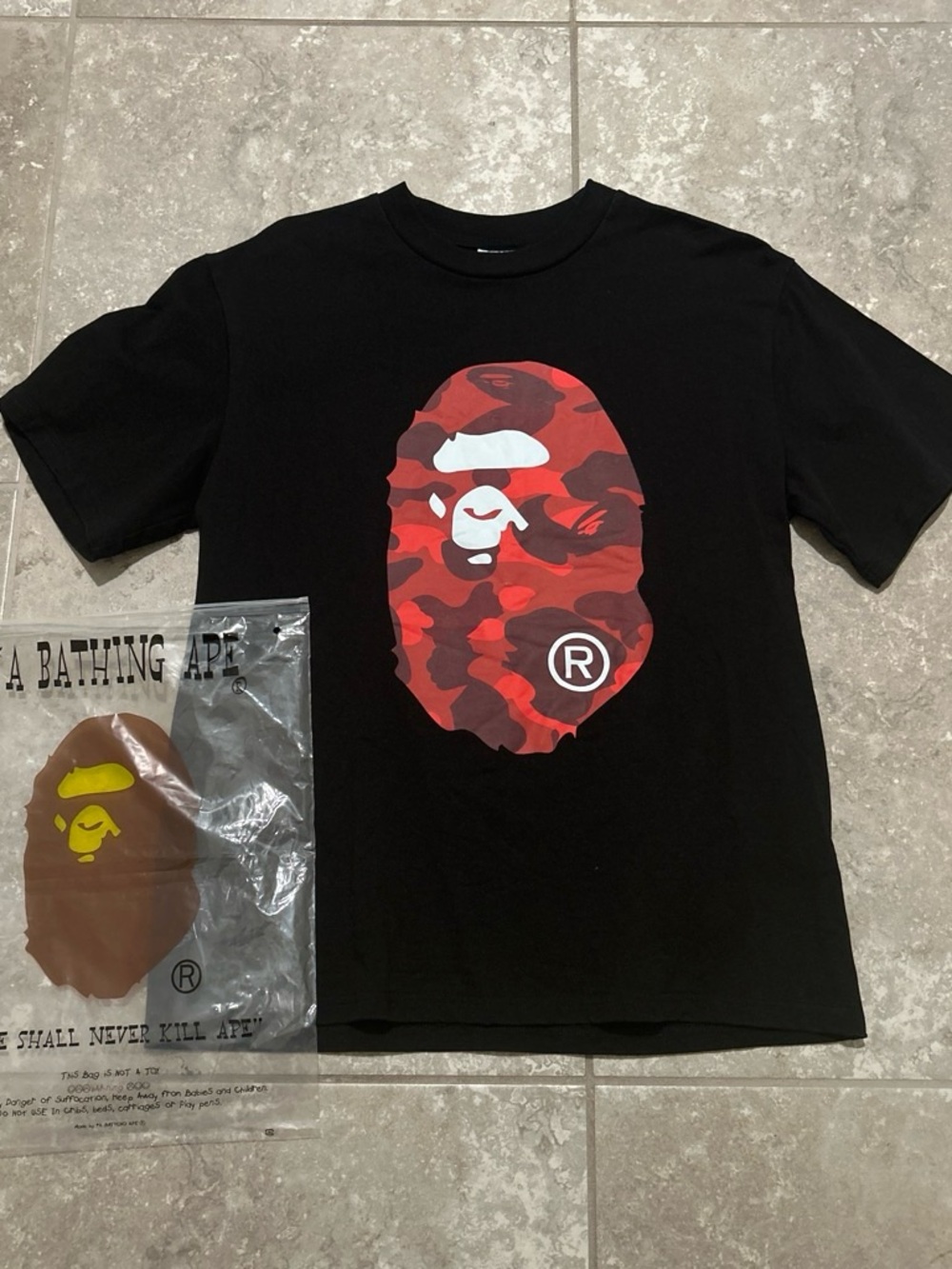 Bape Black Tee with Red Camo Ape Head Graphic